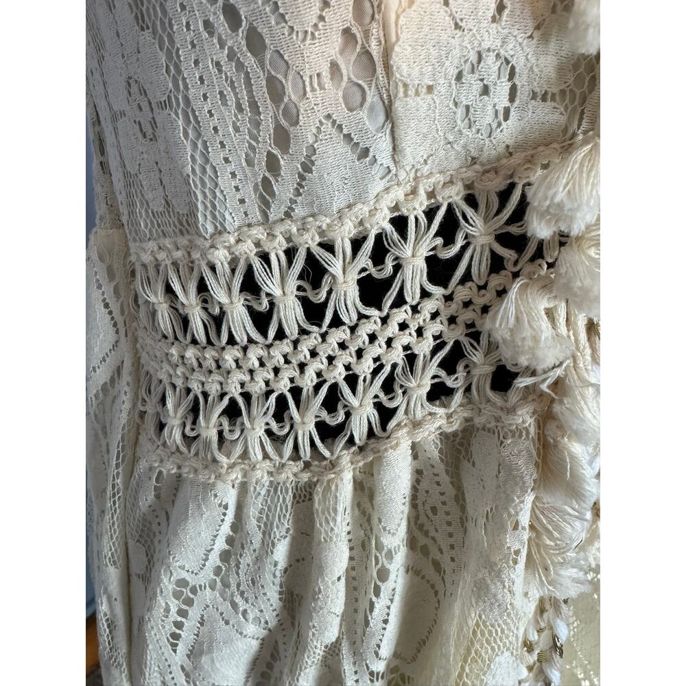 Cream Boho Lace Tassel Maxi Dress Crochet Cottagecore Dress Coquette Dress - Picture 8 of 13